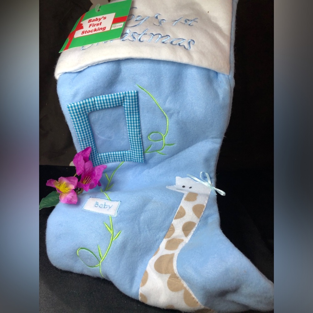 Blue Baby Christmas Stocking with Giraffe Design